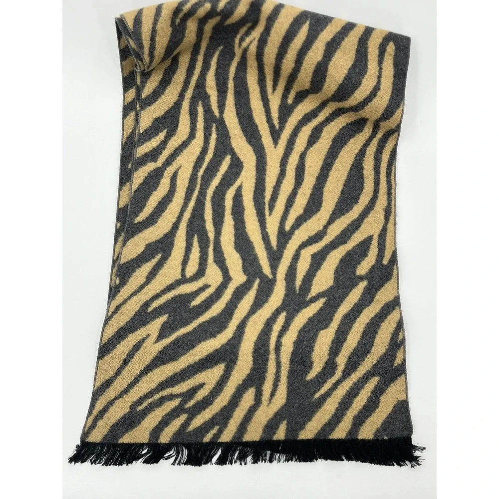 Chelsey by Joseph Brushed Knit Silk Scarf Tan Gray Zebra Stripe 12